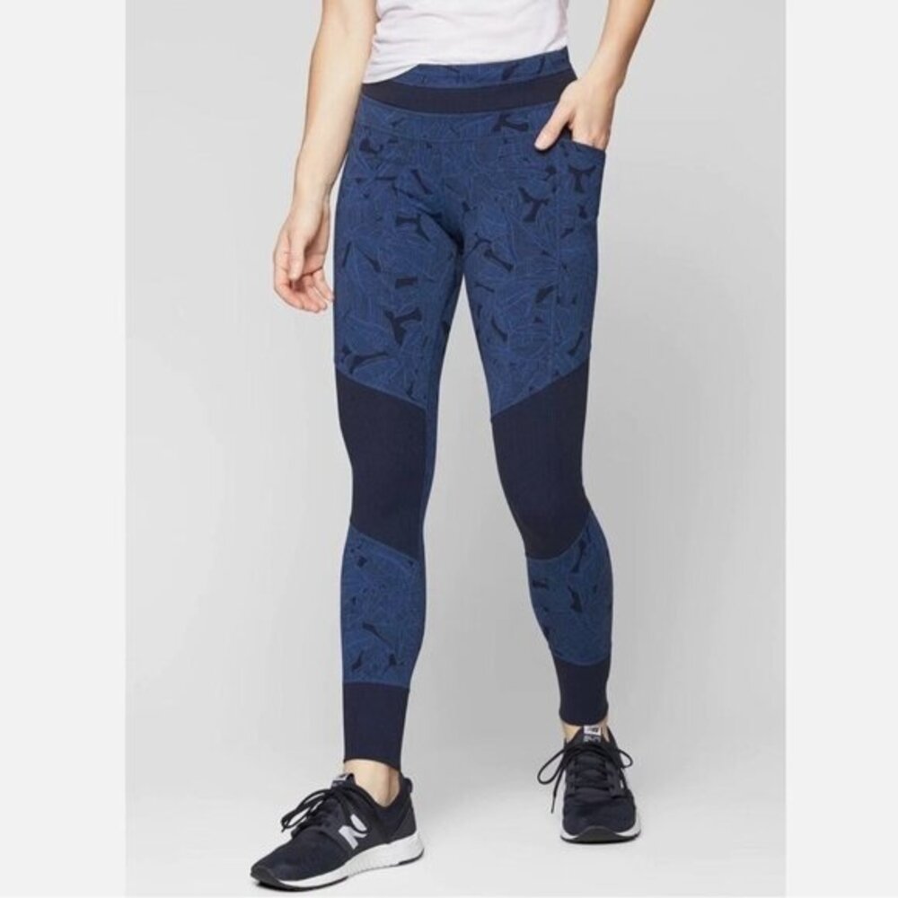 Athleta Tropical Excursion Full leggings‎ Navy tropical print S Yoga Pilates